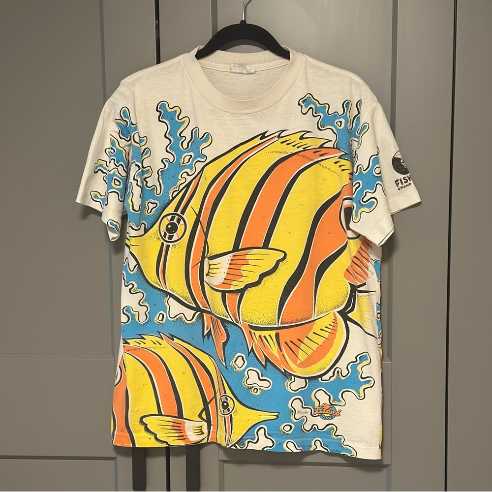 Vtg 90s Messina Island Boyz Tshirt Sz L Single Stitch Coral Fish All Over Print